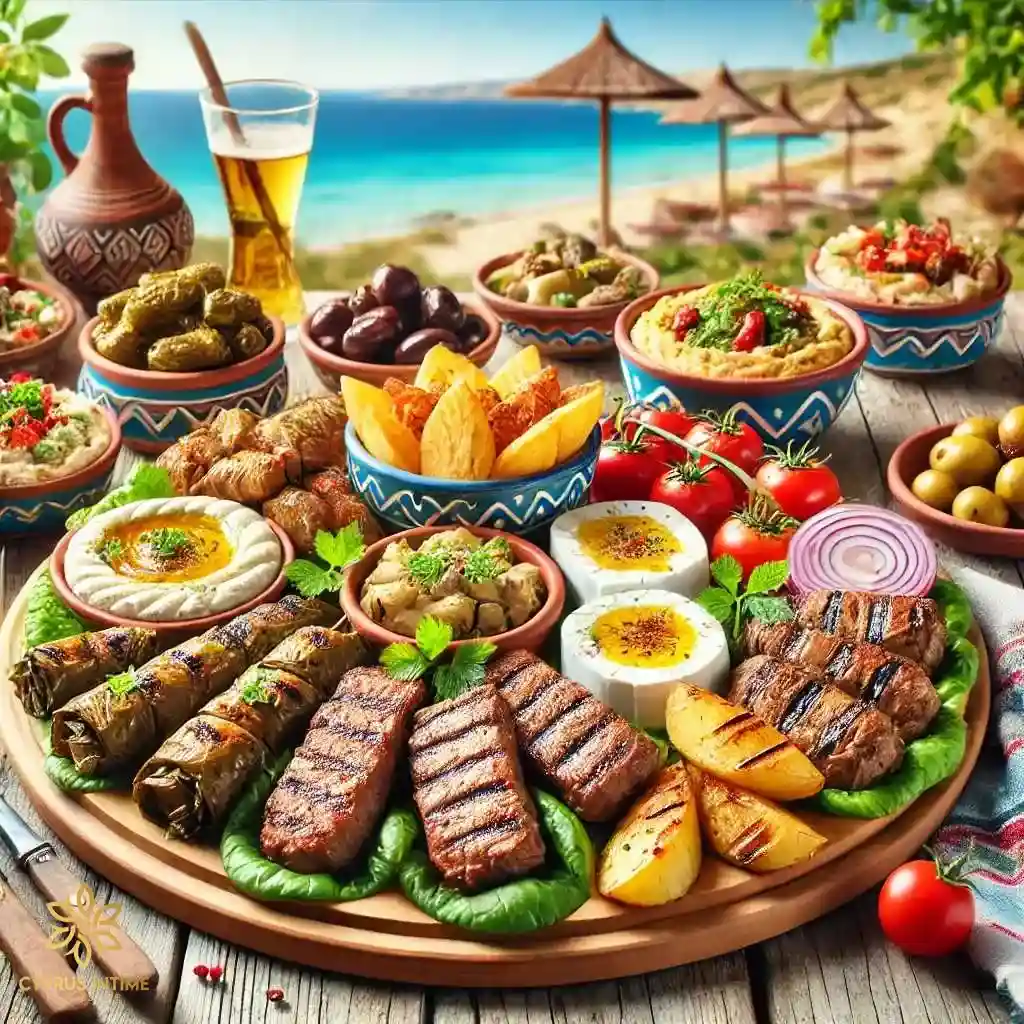 تصویر غذاهای سنتی قبرس شمالی شامل شفتلیا، کلفتیکو، هالومی و مزه‌ها