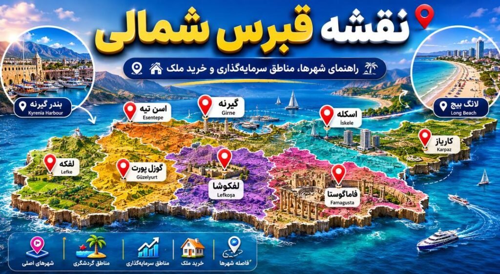 نقشه قبرس شمالی _ راهنمای کامل شهرها، مناطق، جاذبه‌ها و سرمایه‌گذاری