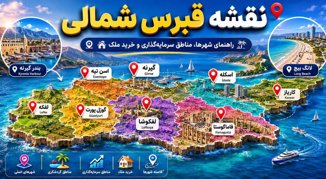 نقشه قبرس شمالی _ راهنمای کامل شهرها، مناطق، جاذبه‌ها و سرمایه‌گذاری