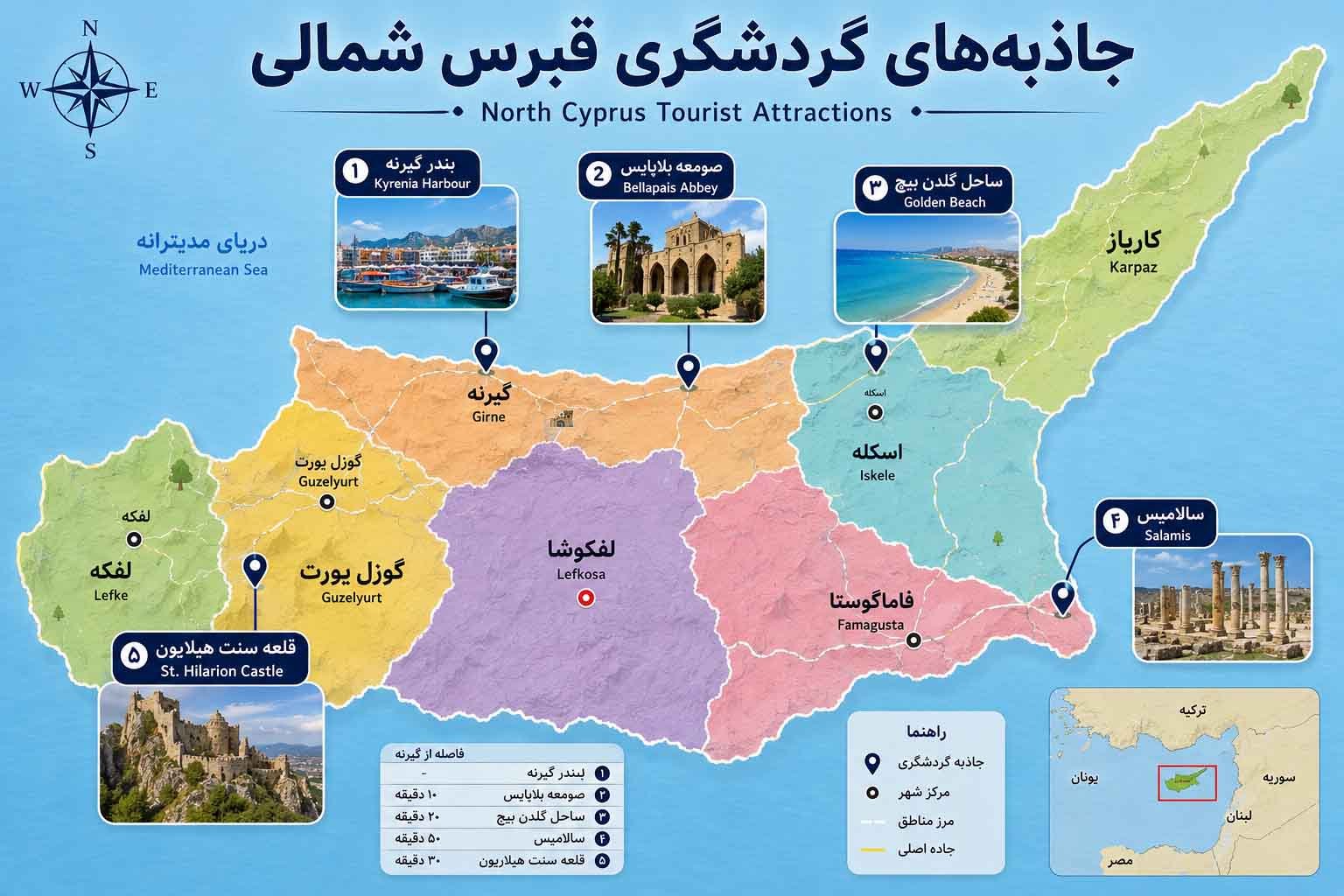 Northern Cyprus tourist attractions on the map