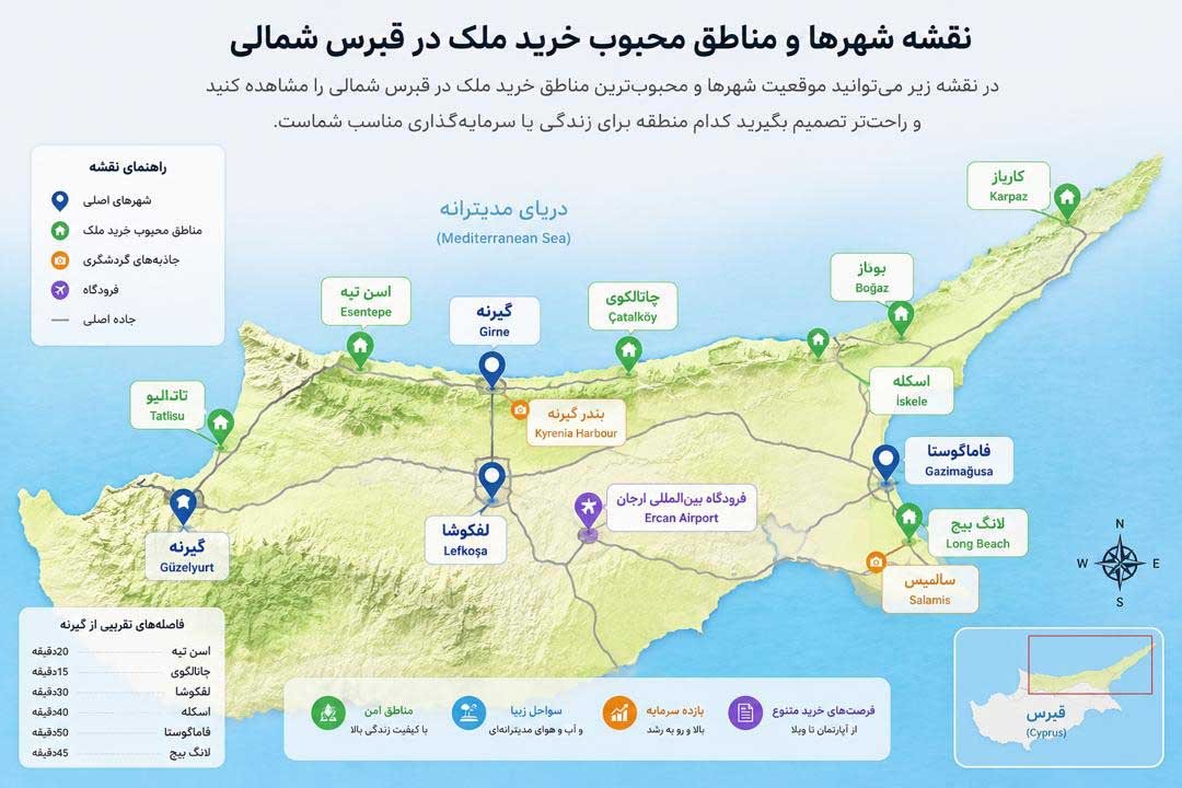 نقشه شهرهای اصلی و مناطق محبوب خرید ملک و سرمایهگذاری در قبرس شمالی شامل گیرنه، لفکوشا و اسکله